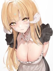 Rule 34 | 1girl, :/, arms behind back, au ra, blonde hair, blunt bangs, blurry, breasts, cleavage, closed mouth, cyobiro, depth of field, dragon girl, dragon horns, final fantasy, final fantasy xiv, furrowed brow, horns, large breasts, leaning forward, long hair, looking at viewer, maid, scales, short sleeves, solo, sweatdrop, upper body, white background, yellow eyes