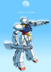 Rule 34 | absurdres, beam rifle, blue background, character name, commentary, energy gun, english text, facial hair, full body, gun, gundam, highres, holding, holding gun, holding weapon, mecha, mobile suit, moon, moukin punch, mustache, no humans, orange eyes, resolution mismatch, robot, solo, source smaller, standing, turn a gundam, turn a gundam (mobile suit), v-fin, weapon