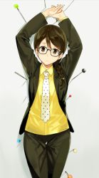 Rule 34 | 1girl, arms up, braid, brown eyes, brown hair, dress shirt, formal, frown, hair over shoulder, jacket, necktie, open clothes, open jacket, original, own hands together, pant suit, pants, pin, polka dot, polka dot neckwear, sasamori tomoe, sewing pin, shirt, single braid, solo, suit, yellow shirt