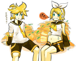 Rule 34 | 1boy, 1girl, bad id, bad pixiv id, belly, belly yanagi, blonde hair, blush, bow, brother and sister, burp, food, fruit, green eyes, kagamine len, kagamine rin, lowres, mandarin orange, midriff, navel, plump, short hair, shorts, siblings, smile, translation request, twins, vocaloid