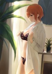 Rule 34 | 1girl, absurdres, akito (d30n26), blouse, blush, breasts, brown eyes, cleavage, collarbone, commentary request, hair between eyes, highres, indoors, medium breasts, nagi (akito), open mouth, orange hair, original, plant, see-through, shirt, short hair, solo, standing, underwear, undressing, white shirt