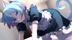 Rule 34 | 1other, :3, :d, absurdres, all fours, animal ears, apron, black dress, blue eyes, blue hair, cat ears, cat tail, character request, copyright request, dress, extra ears, fang, frilled dress, frills, garter straps, gradient hair, highres, maid, maid apron, multicolored hair, open mouth, puffy short sleeves, puffy sleeves, purple hair, shiroino (shirayuki mutsuki), short hair, short sleeves, skin fang, smile, tail, thighhighs, trap, white thighhighs