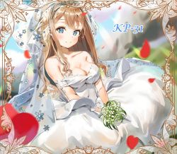 Rule 34 | 1girl, bare shoulders, blue eyes, blurry, blurry background, blush, breasts, bridal veil, brown hair, character name, cleavage, collarbone, commentary request, dress, flower, girls&#039; frontline, heart, holding, holding flower, kian, large breasts, long hair, looking at viewer, official alternate costume, sitting, smile, solo, suomi (blissful mission) (girls&#039; frontline), suomi (girls&#039; frontline), veil, wedding dress