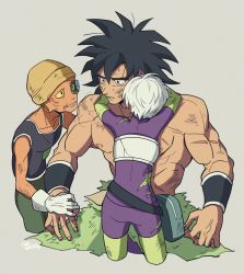 Rule 34 | 10s, 1girl, 2boys, armor, arms around neck, arms at sides, black eyes, black hair, broken armor, broly (dragon ball super), cheelai, dirty, dirty clothes, dirty face, dragon ball, dragon ball super, dragon ball super broly, expressionless, facing away, fanny pack, fingernails, gloves, grey background, hand on another&#039;s arm, hat, height difference, highres, hug, lemo (dragon ball), light smile, looking at another, looking away, multiple boys, muscular, nipples, open mouth, scar, scouter, shaded face, topless male, short hair, simple background, smile, spiked hair, tama azusa hatsu, torn clothes, twitter username, upper body, white gloves, white hair, wristband