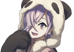 Rule 34 | :d, animal costume, asada hachi, character request, copyright request, cosplay, hair over one eye, kigurumi, looking at viewer, male focus, open mouth, panda costume, purple eyes, purple hair, smile, solo, white background