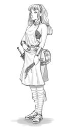 Rule 34 | 1girl, bag, bare shoulders, belt, belt bra, bracer, cheshirrr, full body, greyscale, hairband, highres, holding, long hair, looking at viewer, low twintails, monochrome, original, parted lips, robe, sandals, scabbard, sheath, sheathed, simple background, solo, standing, sword, twintails, weapon, white background