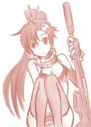 Rule 34 | 00s, 1girl, asymmetrical gloves, bad leg, bad proportions, bare shoulders, bikini, bikini top only, breasts, covering privates, covering crotch, elbow gloves, fingerless gloves, flame print, gloves, gun, hair ornament, large breasts, monochrome, pas (paxiti), poorly drawn, rifle, scarf, single elbow glove, skull hair ornament, solo, swimsuit, tengen toppa gurren lagann, thighhighs, uneven gloves, weapon, yoko littner