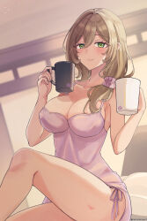 Rule 34 | 1girl, absurdres, breasts, brown hair, camisole, cleavage, commentary request, cup, feet out of frame, genshin impact, green eyes, highres, holding, holding cup, indoors, large breasts, lisa (genshin impact), long hair, looking at viewer, morimiya (mori), mug, no headwear, sitting, smile, solo, spaghetti strap, thighs
