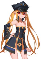 Rule 34 | 1girl, :t, absurdres, arm at side, bare shoulders, black dress, black hat, blonde hair, breasts, cleavage, closed mouth, commentary, contrapposto, dress, dungeon and fighter, english commentary, fingernails, hand on own hip, hat, highres, long hair, long sleeves, looking at viewer, mage (dungeon and fighter), peaked cap, pointy ears, pout, red eyes, rktlek159, small breasts, solo, standing, strapless, strapless dress, twintails, very long hair, wide sleeves