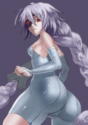 Rule 34 | 1girl, ahoge, arc system works, artist request, ass, bare shoulders, blazblue, bodysuit, braid, breasts, bridal gauntlets, cameltoe, eyepatch, from behind, from below, long hair, looking at viewer, looking back, looking down, nu-13, shiny clothes, shiny skin, sideboob, single braid, skin tight, smile, solo, very long hair