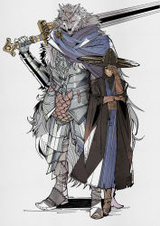 Rule 34 | 2boys, armor, belt, blaidd the half-wolf, blue cape, blue eyes, boots, breastplate, brown robe, cape, elden ring, faulds, furry, furry male, greatsword, hand on headwear, hat, height difference, herheim, highres, holding, holding sword, holding weapon, huge weapon, looking at viewer, male focus, mask, multiple boys, one eye closed, preceptor seluvis, robe, simple background, standing, sword, weapon, white background