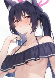 Rule 34 | 1girl, absurdres, animal ear fluff, animal ears, bikini, black bikini, blue archive, blush, breasts, cat ears, cat girl, closed mouth, collarbone, double-parted bangs, ear blush, embarrassed, extra ears, hair between eyes, halo, highres, kuroshiro kanae, long hair, looking at viewer, medium breasts, off-shoulder bikini, off shoulder, official alternate costume, pink halo, red eyes, serika (blue archive), serika (swimsuit) (blue archive), simple background, solo, swimsuit, twintails, underboob, upper body, v-shaped eyebrows, white background