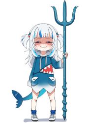 Rule 34 | animal costume, animal hood, anya&#039;s heh face (meme), blue eyes, blue hair, blue hoodie, blunt bangs, chibi, commentary, drawstring, english commentary, fins, fish tail, full body, gawr gura, gawr gura (1st costume), grin, hair ornament, half-closed eyes, highres, holding, holding trident, holding weapon, hololive, hololive english, hood, hood down, hoodie, long sleeves, looking at viewer, medium hair, meme, multicolored hair, oppaihobby, parody, polearm, scene reference, shaded face, shark costume, shark girl, shark hair ornament, shark hood, shark tail, shoes, silver hair, simple background, smile, sneakers, spy x family, standing, straight-on, streaked hair, tail, trident, two side up, virtual youtuber, weapon, white background, white footwear, wide sleeves
