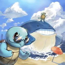 Rule 34 | beach umbrella, brown eyes, closed mouth, cloud, commentary request, creatures (company), day, game freak, gen 1 pokemon, gen 3 pokemon, glint, highres, level-00, nintendo, no humans, outdoors, pokemon, pokemon (creature), sand, shore, sky, smile, sparkle, squirtle, squirtle squad, standing, sunglasses, umbrella, wailmer, water