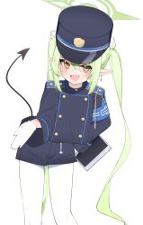 Rule 34 | 1girl, absurdres, black hat, black shirt, black shorts, black tail, blue archive, blush, demon tail, fang, feet out of frame, gloves, green hair, green halo, halo, hat, nozomi (blue archive), highres, long hair, long sleeves, open mouth, pantyhose, peaked cap, rui p, shirt, shorts, simple background, skin fang, smile, solo, tail, twintails, white background, white gloves, white pantyhose, yellow eyes