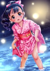 Rule 34 | 1girl, :d, black eyes, black hair, blush, bow, commentary request, floral print, fukuyama mai, hair bow, high ponytail, highres, idolmaster, idolmaster cinderella girls, japanese clothes, kimono, long hair, long sleeves, looking at viewer, night, obi, open mouth, outdoors, pink bow, pink kimono, ponytail, print bow, print kimono, regular mow, sash, smile, solo, standing, wading, water, wide sleeves