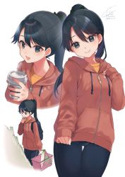 Rule 34 | 1girl, :d, alternate costume, backpack, bag, black hair, blue eyes, blush, bow, casual, closed mouth, coffee cup, commentary, cowboy shot, cropped torso, cup, dated, denim, disposable cup, drawstring, green bow, hair between eyes, hair bow, hand on own face, head tilt, high ponytail, holding, holding cup, hood, hood down, hooded jacket, houshou (kancolle), jacket, jeans, kantai collection, koruri, long hair, long sleeves, looking at viewer, multiple views, open mouth, pants, ponytail, red jacket, shopping basket, signature, simple background, sleeves past wrists, smile, steam, thigh gap, twitter username, white background, zipper pull tab