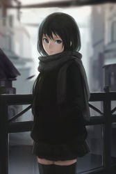 Rule 34 | 1girl, black coat, black eyes, black hair, black scarf, black skirt, black theme, black thighhighs, coat, commentary request, cowboy shot, day, fence, hands in pockets, legs together, long hair, long sleeves, looking at viewer, oopartz yang, original, outdoors, scarf, skirt, solo, standing, sunlight, thighhighs, zettai ryouiki