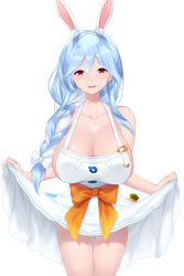 Rule 34 | 1girl, animal ear fluff, animal ears, apron, bare shoulders, blue hair, blush, braid, braided ponytail, breasts, cait aron, cleavage, collarbone, highres, hololive, large breasts, light blue hair, long hair, looking at viewer, mature female, naked apron, open mouth, pekomama, rabbit ears, rabbit girl, red eyes, short eyebrows, sideboob, smile, solo, thick eyebrows, thighs, virtual youtuber, white apron, white hair