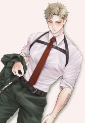 Rule 34 | 1boy, belt, black belt, blonde hair, blush, chest harness, closed mouth, collared shirt, green eyes, green jacket, green pants, harness, highres, jacket, unworn jacket, male focus, muscular, muscular male, necktie, onglai87, pants, shirt, short hair, simple background, solo, spy x family, twilight (spy x family), white shirt