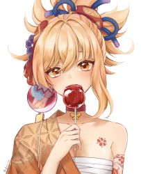 Rule 34 | 1girl, arm tattoo, bad id, bad pixiv id, breasts, candy apple, check commentary, chest sarashi, chest tattoo, choker, cleavage, collarbone, commentary request, covering own mouth, eating, food, genshin impact, hair between eyes, hair ornament, head tilt, highres, holding, holding food, japanese clothes, long hair, looking at viewer, medium breasts, ponytail, ria (yfvv ria), sarashi, sidelocks, simple background, solo, tattoo, white background, yoimiya (genshin impact)
