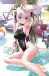 Rule 34 | 1girl, animal ears, arm up, armpits, bae.c, bare shoulders, barefoot, beach, black choker, black one-piece swimsuit, breasts, choker, competition swimsuit, covered navel, day, hair ornament, hair ribbon, hairclip, highleg, highleg swimsuit, highres, impossible clothes, impossible swimsuit, liza (bae.c), medium breasts, off shoulder, one-piece swimsuit, open clothes, open mouth, original, outdoors, rabbit ears, red eyes, ribbon, see-through, sitting, smile, solo, swimsuit, thighs, twintails, water, wet, white hair, yokozuwari