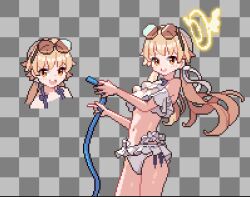 Rule 34 | 1girl, bikini, blonde hair, blue archive, checkered background, commentary, cowboy shot, eyewear on head, frilled bikini, frills, gamepix, grey background, hair ribbon, halo, hifumi (blue archive), hifumi (swimsuit) (blue archive), holding, holding hose, hose, long hair, looking at viewer, low twintails, multiple views, navel, open mouth, pixel art, ribbon, smile, standing, sunglasses, swimsuit, symbol-only commentary, twintails, white bikini, white ribbon, winged halo, yellow eyes, yellow halo