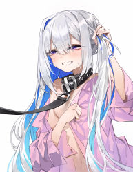 Rule 34 | 1girl, absurdres, amane kanata, bdsm, blue hair, cellphone, collar, colored inner hair, grin, hair between eyes, highres, hololive, korogoro (mago0057), leash, long hair, multicolored hair, navel, open clothes, open shirt, phone, pink shirt, purple eyes, shirt, simple background, slave, smartphone, smile, solo, two-tone hair, virtual youtuber, white background