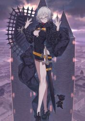 Rule 34 | 1girl, breasts, cloud, fate/grand order, fate (series), glasses, grey eyes, high heels, jacques de molay (foreigner) (second ascension) (fate), kuroboshi kouhaku, looking at viewer, medium breasts, official art, shield, short hair, solo, sword, town, weapon, white hair