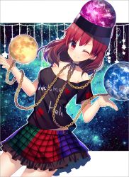Rule 34 | 1girl, ;), bad id, bad twitter id, bare shoulders, black shirt, blush, breasts, chain, cleavage, closed mouth, clothes writing, collar, collarbone, cowboy shot, earth (ornament), frilled skirt, frills, hecatia lapislazuli, highres, koto seori, looking at viewer, medium breasts, miniskirt, moon (ornament), multicolored clothes, multicolored skirt, off-shoulder shirt, off shoulder, one eye closed, petticoat, plaid, plaid skirt, red eyes, red hair, shirt, short sleeves, skirt, smile, solo, space, star (sky), star (symbol), starry background, t-shirt, touhou