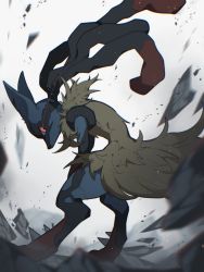 Rule 34 | aru (citrine drplt), blurry, closed mouth, commentary, creatures (company), floating hair, furry, game freak, gen 4 pokemon, highres, hunched over, looking back, lucario, mega lucario, mega pokemon, nintendo, orange eyes, pokemon, pokemon (creature), rock, solo, spikes, standing, yellow fur