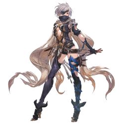 Rule 34 | 1girl, arm at side, breasts, dagger, eyepatch, gluteal fold, granblue fantasy, high heels, holding, holding dagger, holding knife, holding weapon, knife, medium breasts, minaba hideo, official art, red eyes, short hair, silver hair, simple background, solo, standing, tanya (granblue fantasy), thighhighs, transparent background, weapon