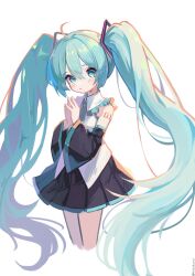 Rule 34 | 1girl, aqua eyes, aqua hair, aqua necktie, bare shoulders, black skirt, black sleeves, blush, closed mouth, collared shirt, commentary, cropped legs, detached sleeves, hair between eyes, hair ornament, hatsune miku, highres, long hair, looking at viewer, necktie, nisokurui, number tattoo, own hands together, pleated skirt, shirt, shoulder tattoo, skirt, sleeveless, sleeveless shirt, solo, tattoo, twintails, twitter username, very long hair, vocaloid, white background, white shirt, wide sleeves