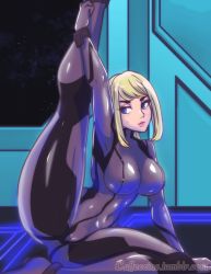 Rule 34 | 1girl, bad id, bad tumblr id, blonde hair, blue eyes, blush, bodysuit, breasts, caffeccino, cameltoe, covered erect nipples, covered navel, exercising, large breasts, leg up, looking to the side, metroid, nintendo, on floor, samus aran, skin tight, space, spread legs, stretching, sweat, thick eyebrows, thick thighs, thighs, zero suit