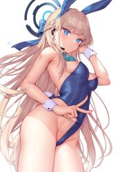 Rule 34 | 1girl, animal ears, arm up, blonde hair, blue archive, blue eyes, blue leotard, bow, bowtie, breasts, closed mouth, cowboy shot, detached collar, ear piercing, earpiece, fake animal ears, fake tail, groin, halo, highleg, highleg leotard, highres, kep (ahokep), leotard, leotard pull, long hair, looking at viewer, medium breasts, microphone, official alternate costume, official alternate hairstyle, piercing, playboy bunny, pulled by self, rabbit ears, rabbit tail, simple background, solo, tail, thighs, toki (blue archive), toki (bunny) (blue archive), v, very long hair, white background, wrist cuffs