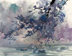 Rule 34 | 6+others, boat, branch, day, forest, multiple others, nara watercolor, nature, original, painting (medium), river, scenery, traditional media, tree, water, watercolor (medium), watercraft