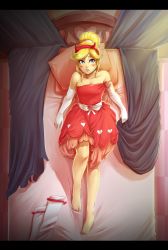 Rule 34 | 1girl, alternate hairstyle, barefoot, blonde hair, breasts, cleavage, duredure, feet, from above, full body, highres, letterboxed, looking at viewer, solo, star butterfly, star vs the forces of evil, thighhighs, white thighhighs