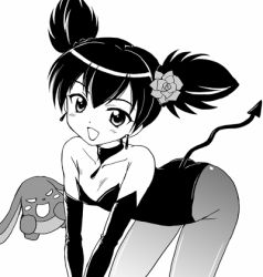 Rule 34 | 00s, 1girl, all fours, aoyama reo, baku (onegai my melody), bare shoulders, bent over, choker, demon tail, earrings, elbow gloves, flat chest, flower, gloves, greyscale, hair flower, hair ornament, jewelry, kuromi, kurumi nui, leotard, lowres, monochrome, nontraditional playboy bunny, onegai my melody, pantyhose, playboy bunny, sanrio, short twintails, tail, twintails