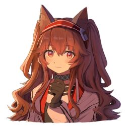 Rule 34 | 1girl, angelina (arknights), animal ear fluff, animal ears, arknights, black collar, black gloves, black shirt, blush, brown hair, collar, fox ears, fox girl, gloves, hairband, hand up, infection monitor (arknights), jacket, kurukubouru, long hair, long sleeves, looking at viewer, open clothes, open jacket, portrait, red eyes, red hairband, shirt, simple background, smile, solo, twintails, white background, white jacket