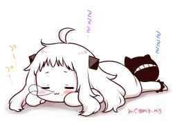 Rule 34 | 10s, 1girl, abyssal ship, ahoge, blush, closed eyes, colored skin, commentary request, dress, horns, kantai collection, long hair, lying, migu (migmig), mittens, northern ocean princess, nose bubble, on floor, on stomach, pale skin, simple background, sleeping, solo, translated, white background, white dress, white hair, white skin