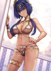 Rule 34 | 1girl, ankh, black bra, black hairband, black panties, blue eyes, blue hair, blurry, blurry background, bra, breasts, candace (genshin impact), cleavage, closed mouth, commission, dark-skinned female, dark skin, egyptian, eye of horus, genshin impact, gold choker, hairband, hand on own hip, head tilt, heterochromia, highres, large breasts, lingerie, looking at viewer, mixed-language commentary, navel, panties, short hair with long locks, signature, skeb commission, smile, solo, thighlet, underwear, wristlet, yaoto, yellow eyes