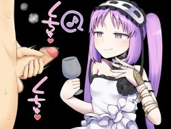 Rule 34 | 1boy, 1girl, breasts, censored, choker, cup, dress, drinking glass, fate/grand order, fate/hollow ataraxia, fate (series), glass, headband, heart, jewelry, long hair, looking at penis, masturbation, penis, purple eyes, purple hair, simple background, small breasts, smile, stheno (fate), tagme, text focus, twintails, very long hair, white dress, wine glass
