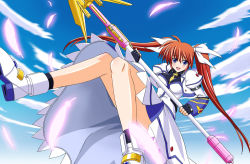Rule 34 | 00s, 1girl, blush, brown hair, cloud, day, feathers, h-new, hair ribbon, legs, long hair, lyrical nanoha, magical girl, mahou shoujo lyrical nanoha, mahou shoujo lyrical nanoha strikers, purple eyes, raising heart, raising heart (exceed mode), ribbon, shoes, sky, solo, staff, takamachi nanoha, takamachi nanoha (exceed mode), twintails