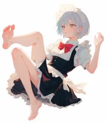 Rule 34 | 1girl, apron, black dress, copyright request, dress, feet, foot focus, frilled apron, frills, fxmsama, grey eyes, highres, maid, maid apron, maid headdress, puffy short sleeves, puffy sleeves, short hair, short sleeves, skirt, solo, thighs, toes, white apron, white hair