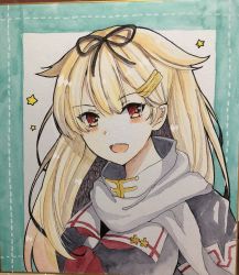 Rule 34 | 1girl, :d, black ribbon, blonde hair, commentary request, fang, hair flaps, hair ornament, hair ribbon, hairclip, highres, kantai collection, long hair, looking at viewer, neckerchief, open mouth, photo (medium), red eyes, red neckerchief, ribbon, scarf, smile, solo, sparkle, tanaji, traditional media, white scarf, yuudachi (kancolle), yuudachi kai ni (kancolle)