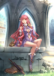 Rule 34 | 1girl, :d, boots, breasts, cleavage cutout, clothing cutout, detached sleeves, dress, highres, large breasts, long hair, navel, open mouth, original, pink eyes, pink hair, pointy ears, purple dress, purple footwear, revision, ruins, sitting, smile, solo, sword, tiara, very long hair, weapon, youbou