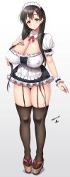 Rule 34 | 1girl, :o, alternate costume, black hair, black thighhighs, blush, bow, bowtie, breasts, brown hair, cameltoe, cleavage, covered erect nipples, dated, detached collar, enmaided, full body, garter straps, hand on own chest, highres, huge breasts, iwato kasumi, long hair, looking at viewer, maid, maid headdress, microskirt, okobo, panties, parted lips, puffy short sleeves, puffy sleeves, red bow, red bowtie, saki (manga), sandals, short sleeves, sidelocks, skindentation, skirt, solo, thighhighs, underwear, very long hair, white panties, wing collar, wrist cuffs, yellow eyes, yoohi