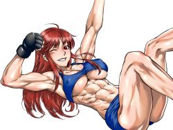 Rule 34 | 1girl, abs, breasts, brown hair, character request, destro 246, dynamite-kit, covered erect nipples, female focus, fingerless gloves, gloves, grin, large breasts, long hair, mixed martial arts, muscular, muscular female, reclining, red eyes, sakura nanten, shorts, smile, solo, sports bra, underboob