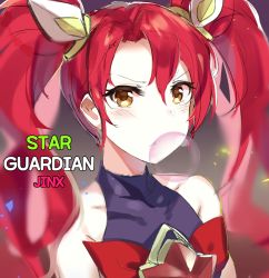 Rule 34 | 1girl, alternate hairstyle, bare shoulders, chuchumi, highres, jinx (league of legends), league of legends, long hair, magical girl, red eyes, red hair, star guardian (league of legends), star guardian jinx, twintails
