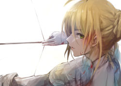 Rule 34 | 1girl, absurdres, ahoge, artoria pendragon (all), artoria pendragon (fate), blonde hair, blood, blood on face, bow (weapon), braid, chinese commentary, commentary request, fate/stay night, fate (series), from side, gloves, green eyes, hair between eyes, hair bun, highres, holding, holding bow (weapon), holding weapon, long sleeves, looking at viewer, medium hair, parted lips, pugwit, saber (fate), simple background, single hair bun, solo, weapon, white background, white gloves